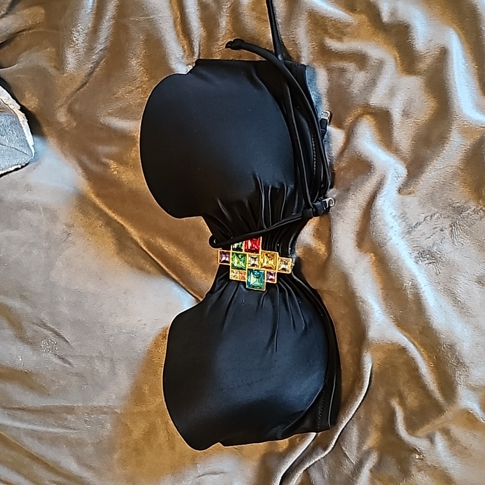 Jeweled black convertible strapless swim bikini top underwire